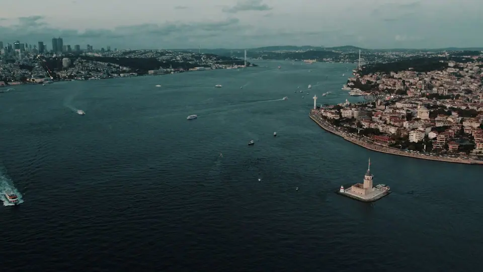Aerial view of Istanbul and Maiden's Tower on the Bosphorus